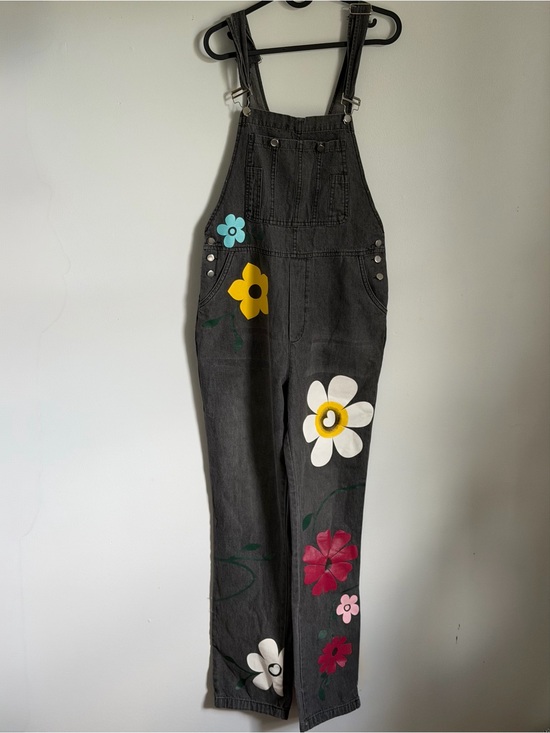 jeans Pants - Hand-Painted Black Floral Denim Overalls Jumpsuit
